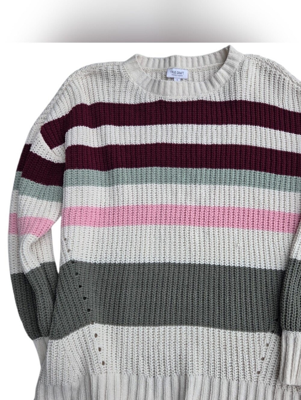 True Craft Striped Crewneck Sweater - Cream, Burgundy, Pink & Gray